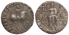 Tetradracma. 35-5 a.C. AZES II. INDOESCITAS DEL PAQUISTÁN. Anv.: Jinete a derecha, alrededor leyenda. Rev.: Zeus en pie a izquierda, alrededor leyenda...