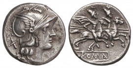 Denario. 200-190 a.C. ANÓNIMO. SUR DE ITALIA. Rev.: Dióscuros a caballo a derecha, encima estrellas. En exergo: ROMA en tablilla. 3,40 grs. AR. (Raya ...