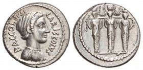 Denario. 43 a.C. ACCOLEIA-1. P. Accoleius Lariscolus. Anv.: Busto de Acca Larentia a derecha. 3,80 grs. AR. ESCASA. Cal-62; FFC-90. EBC.