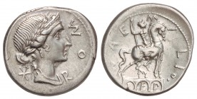 Denario. 114-113 a.C. AEMILIA-7. Man. Aemilius Lepidus. SUR DE ITALIA. 3,90 grs. AR. Cal-73; FFC-103. MBC+.