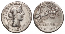 Denario. 82 a 81 a.C. ANNIA-2b. C. Annius y Lucius Fabius. HISPANIA. Anv.: Busto diademado de Anna Perenna a derecha, entre caduceo y balanzas, debajo...