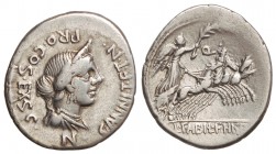Denario. 82-81 a.C. ANNIA-3. C. Annius y Lucius Fabius. HISPANIA. Anv.: Busto diademado de Anna Perenna a derecha, debajo N. 3,72 grs. AR. Cal-118; FF...