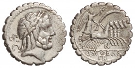 Denario. 81 a.C. ANTONIA-1. Q. Antonius Balbus. Taller Auxiliar de Roma. Anv.: Cabeza laureada de Júpiter a derecha, detrás S. C. Rev.: N debajo de cu...