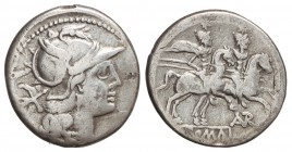 Denario. 189-180 a.C. AUTRONIA-1. L. Autronius. 3,40 grs. AR. MUY RARA. Cal-262; FFC-191. MBC-.
