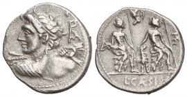 Denario. 112 a 111 a.C. CAESIA-1. Lucius Caesius. SUR DE ITALIA. 3,72 grs. (Pequeñas erosiones). Cal-297; FFC-222. (MBC+/MBC).