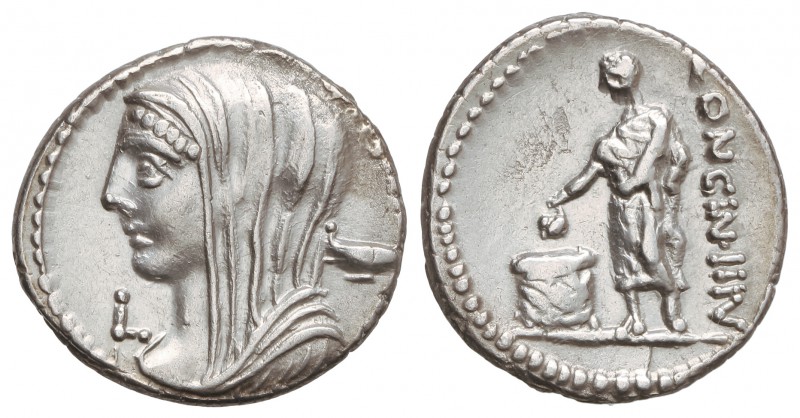 Denario. 55 a.C. CASSIA-10. L. Cassius Longinus. Anv.: Busto velado de Vesta a i...