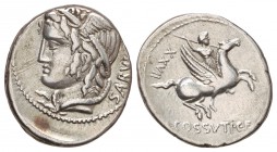 Denario. 74 a.C. COSSUTIA-1. L. Cossutius C. f. Sabula. Rev.: Bellerophon montando a Pegaso a derecha, a izquierda XXVII. 3,60 grs. AR. Cal-515; FFC-6...