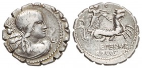 Denario. 72 a.C. CREPEREIA-2. Q. Crepereius M. f. Rocus. Anv.: Busto de Anphitrite entre pulpo y E. Rev.: E encima de Neptuno con tridente en biga tir...