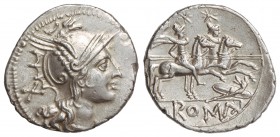 Denario. 206-200 a.C. DECIA-1. Decius. CECA INCIERTA. Rev.: Dióscuros a caballo a derecha, debajo escudo oval y carnyx. 3,60 grs. AR. RARA. Cal-537; F...