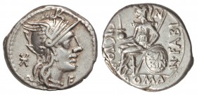 Denario. 126 a.C. FABIA-11a. Numerius Fabius Pictor. Rev.: Q. Fabius Pictor sentado a izquierda, con bonete de flamen, lanza y escudo con QVIRIN, alre...