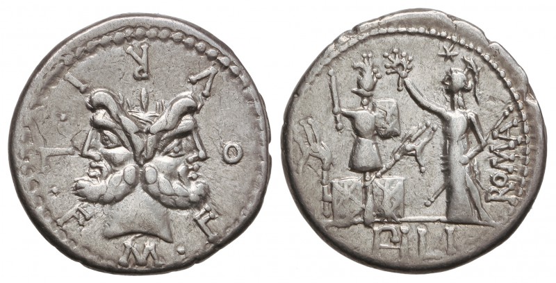 Denario. 119 a.C. FURIA-18. M. Furius L. f. Philus. ITALIA CENTRAL. Anv.: Cabeza...