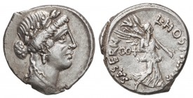 Denario. 48 a.C. HOSTILIA-5a. L. Hostilius Saserna. Rev.: L. HOSTILIVS SASERN. 3,65 grs. AR. ESCASA. Cal-626; FFC-758. MBC+.