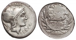 Denario. 109-108 a.C. LUTATIA-2. Q. Lutatus Cerco. SUDESTE DE ITALIA. 3,80 grs. AR. Cal-914; FFC-828. MBC.