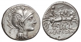 Denario. 111-110 a.C. MALLIA-2. T. Mallius Mancinus Appius. 3,50 grs. AR. (Golpecitos de punzón en reverso). Cal-919; FFC-834. MBC+/EBC-.