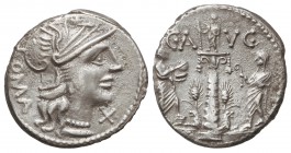 Denario. 135 a.C. MINUCIA-3. C. Minucius Augurinus. Rev.: Columna, entre personajes togados en pie, surmontada por estatua. 3,60 grs. AR. (Leves erosi...
