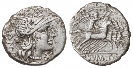 Denario. 133 a.C. NUMITORIA-1. C. Numitorius. Rev.: Victoria con corona en cuadriga a derecha. En exergo: C. NVMITO (RI). 3,45 grs. AR. (Erosiones. Ox...