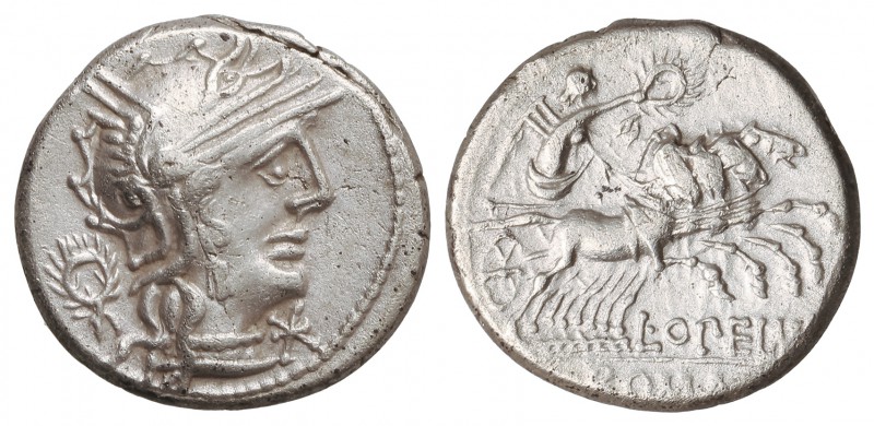 Denario. 131 a.C. OPIMIA-12. L. Opeimius. Anv.: Cabeza de Roma a derecha, detrás...