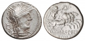 Denario. 131 a.C. OPIMIA-12. L. Opeimius. Anv.: Cabeza de Roma a derecha, detrás corona. 3,80 grs. AR. Cal-1055; FFC-949. EBC-.