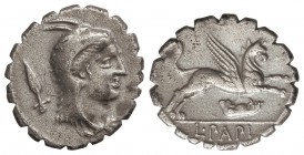 Denario. 79 a.C. PAPIA-1. L. Papius. Taller Auxiliar de Roma. Anv.: Cabeza de Juno Sospita tocado con piel de ciervo a derecha, detrás punta de lanza....