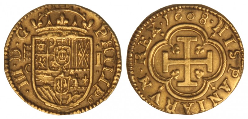 1 Escudo. 1608. SEGOVIA. C. 3,31 grs. (Defecto de acuñación en gráfila). Canto i...