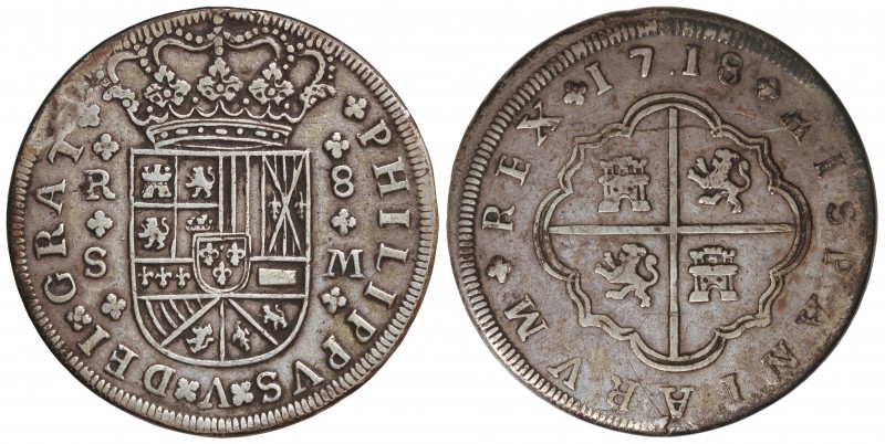 8 Reales. 1718. SEVILLA. M. 22,92 grs. Armas de Borgoña y Austria intercambiadas...