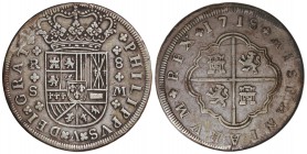 8 Reales. 1718. SEVILLA. M. 22,92 grs. Armas de Borgoña y Austria intercambiadas. Cal-937. (MBC+).