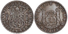 8 Reales. 1754. MÉXICO. M.F. 26,85 grs. Columnario. Dos coronas reales. Pátina. Cal-333. MBC+.