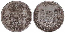 2 Reales. 1765. LIMA. J.M. 6,4 grs. Columnario. Coronas reales. ESCASA. Cal-1259. MBC+.