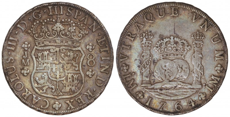 8 Reales. 1764. LIMA. J.M. 26,92 grs. Columnario. (Acuñación algo floja en parte...