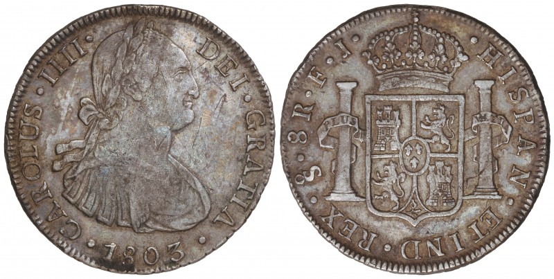 8 Reales. 1803. SANTIAGO. J.J./F.J. 27,05 grs. (Rayitas). Pátina irregular e iri...