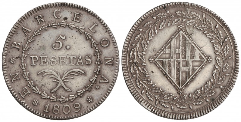 5 Pesetas. 1809. BARCELONA. 26,90 grs. Cal-14. EBC-.