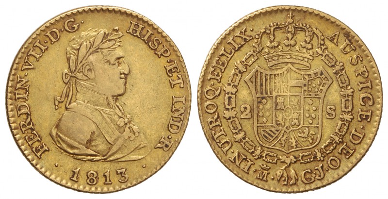 2 Escudos. 1813. MADRID. G.J. 6,70 grs. (Hojita en anverso). ESCASA. Cal-207. MB...