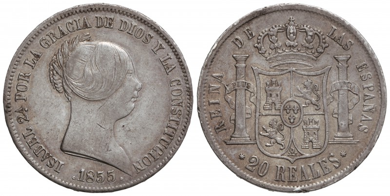 20 Reales. 1855. SEVILLA. 25,77 grs. (Rayitas). Bonita pátina. Cal-193. (MBC+).