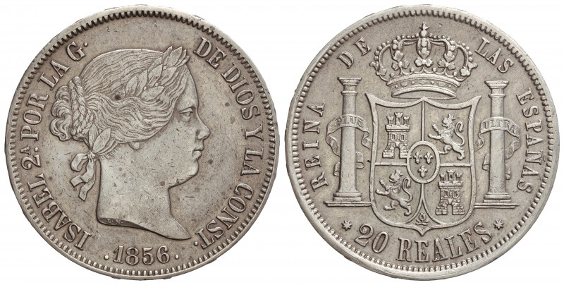 20 Reales. 1856. SEVILLA. 25,90 grs. (Leves golpecitos). ESCASA. Cal-194. EBC-.