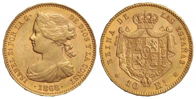 10 Escudos. 1868 (*18-68). MADRID. 8,42 grs. Brillo original. Cal-47. EBC+.