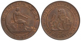 10 Céntimos. 1870. BARCELONA. O.M. Restos de brillo y color originales. SC-.