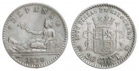 20 Céntimos. 1870 (*7-0). S.N.-M. 0,96 grs. MUY ESCASA. EBC-.