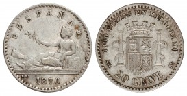 20 Céntimos. 1870 (*7-0). S.N.-M. MUY ESCASA. MBC+.