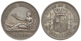 1 Peseta. 1869. S.N.-M. Leyenda GOBIERNO PROVISIONAL. (Leves rayitas en anverso). Pátina. EBC-/EBC.