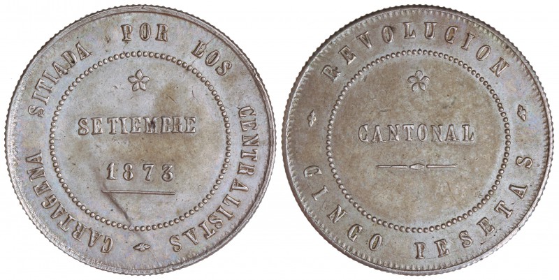 5 Pesetas. 1873. CARTAGENA. Anv.: 95 perlas. Rev.: 100 perlas. 29,01 grs. Anvers...