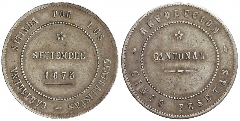 5 Pesetas. 1873. CARTAGENA. Anv.: 90 perlas. Rev.: 86 perlas. 26,48 grs. Anverso...