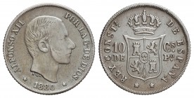 10 Centavos de Peso. 1880. MANILA. MUY RARA. MBC-.