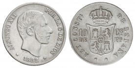 10 Centavos de Peso. 1882/1. MANILA. RARA RECTIFICACIÓN DE FECHA. VS-No cat. MBC+/MBC.