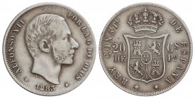 20 Centavos de Peso. 1883. MANILA. ESCASA ASÍ. MBC+.