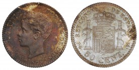50 Céntimos. 1896 (*9-6). P.G.-V. Pátina irregular e irisada de monetario antiguo en anverso. SC.