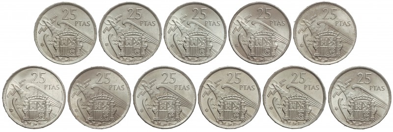 Lote 11 monedas 25 Pesetas. 1957 (*58, 59, 61, 64 a 71). Las de (*68 a 71) proce...