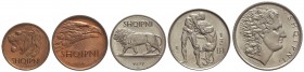Lote 5 monedas 5, 10 Quindar Leku 1/4, 1/2 y 1 Lek. 1926-R y 1927-R. AHMED BEY ZOGU. REY ZOG I. Br y Ni. A EXAMINAR. KM-1/5. SC.