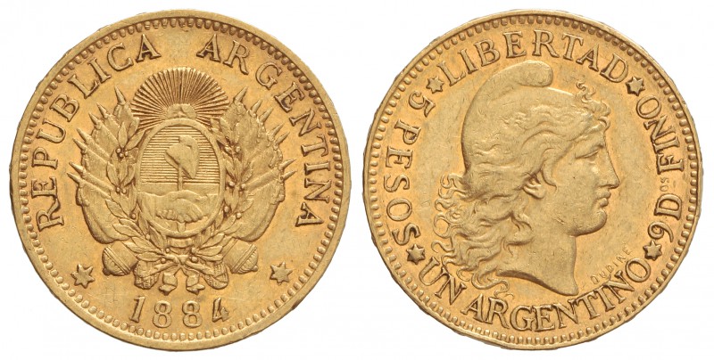 5 Pesos. 1884. 8,01 grs. AU. Fr-14; KM-31. MBC+.