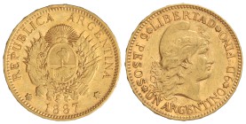 5 Pesos. 1887. 8 grs. AU. Fr-14; KM-31. MBC+.
