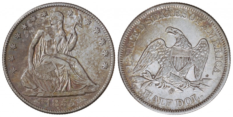 1/2 Dólar. 1855-O. NEW ORLEANS. 12,42 grs. AR. Libertad Sentada. Bonita pátina i...